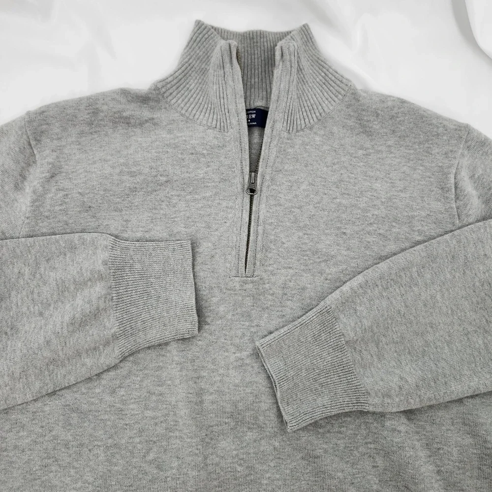 J. Crew Grey Cotton 1/4 Zip‎ Mock Neck Sweater Mens Large Preppy Classic Weekend